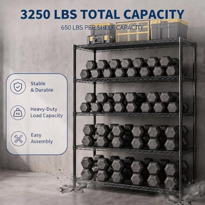 Garvee 70.87" Metal Shelving with Wheels, 5-Tier Wire Storage Rack, Heavy Duty