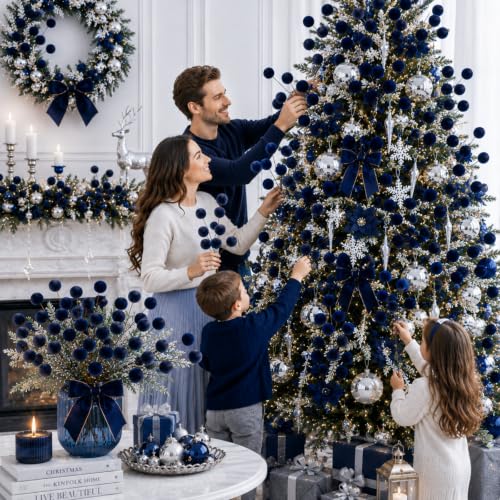 Foggy Blue Velvet Christmas Tree Picks Set - 8 Decorative Ornaments