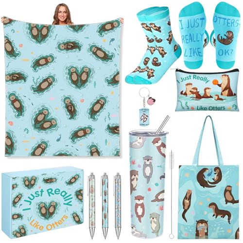 Blue Sea Otter Gift Set - 10 Pcs Tumbler, Blanket, Socks & More (Variation: Blue Sea Otter)