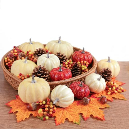 LEBERY Cream Mini Artificial Pumpkin Fall Set with Harvest Decorations