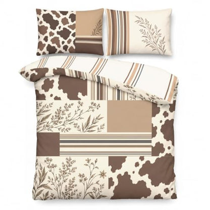 Oversized King Cowhide Patchwork Duvet Cover Set - Oatmeal & Cocoa Brown Variation