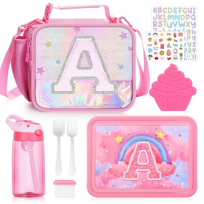 JYPS Lunch Box for Girls-Insulated Lunch Bag,Kids Bento Box with 6 Compartment,Water Bottle,Ice Pack,Salad Container,Perfect Lunch Container for Kids and Toddlers Back to School Age 7-15(Pink A)