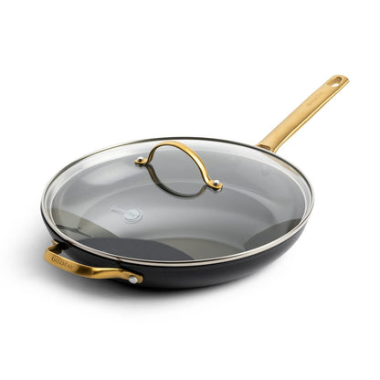 GreenPan Reserve Hard Anodized Healthy Ceramic Nonstick 12" Frying Pan Skillet with Helper Handle and Lid, Gold Handle, PFAS-Free, Dishwasher Safe, Oven Safe, Black