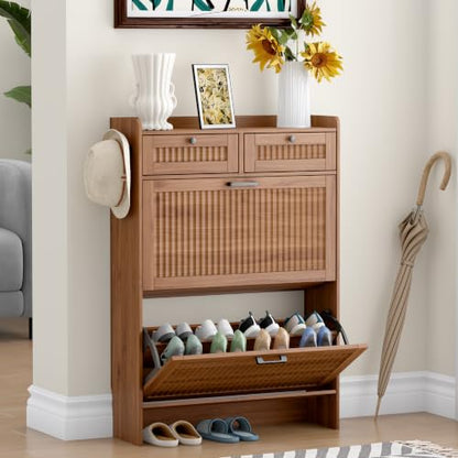 Walnut Fluted Shoe Cabinet with 2 Flip & 2 Top Drawers - Entryway Storage
