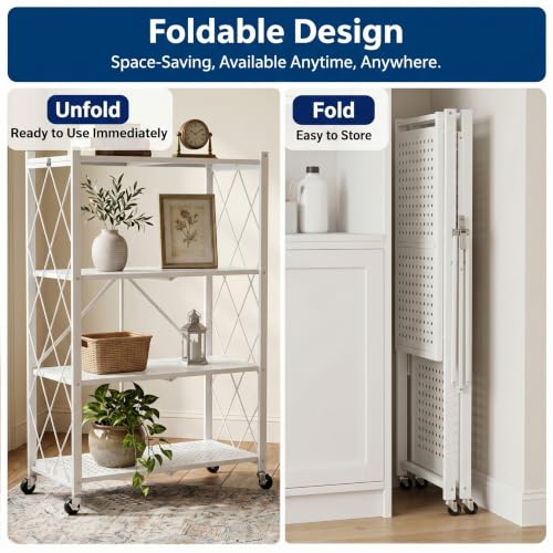 White 4-Tier Foldable Storage Shelves with Wheels - No Tools Needed