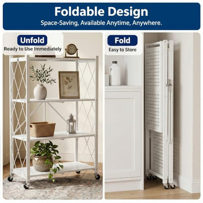 White 4-Tier Foldable Storage Shelves with Wheels - No Tools Needed