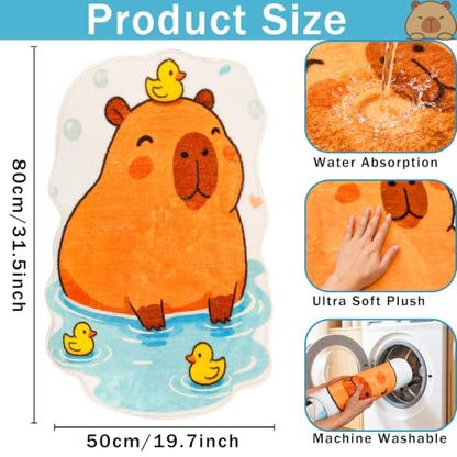 J-Capybara Bathroom Mat, Cute Plush Animal Rug with Ducks, 20x31.5 Inches