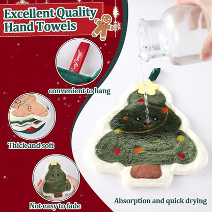 Christmas Hand Towels Set with Hanging Loop - Santa Gingerbread Tree Square - 4 pcs