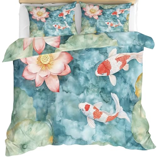 Koi Fish Duvet Cover Cal King Watercolor Lotus Bedding Set 3 Piece - Variation 54