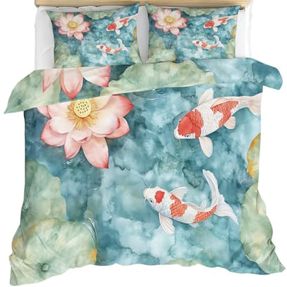 Koi Fish Duvet Cover Cal King Watercolor Lotus Bedding Set 3 Piece - Variation 54
