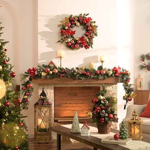 Red 9 Feet Pre-Lit Christmas Garland with Red Gold Balls & Bow - Valery Madelyn