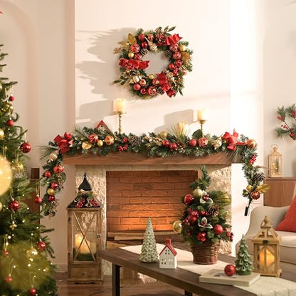 Red 9 Feet Pre-Lit Christmas Garland with Red Gold Balls & Bow - Valery Madelyn