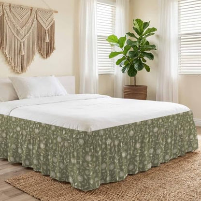 King Size Bed Skirt 16 Inch Drop - Sage Green Rustic Wildflowers Wrap Around Bedding