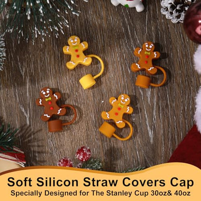 Christmas Gingerbread Man Silicone Straw Covers Pack - Reusable Party Drink Accessories