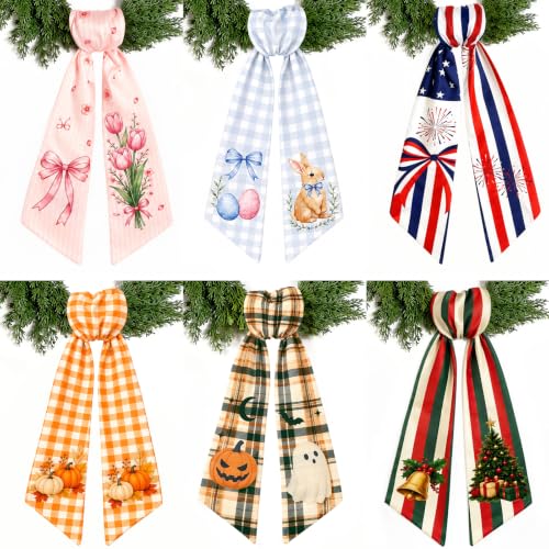 6 Pcs Seasonal Wreath Sash Ribbon for Front Door & Holiday Decor - Variation 1