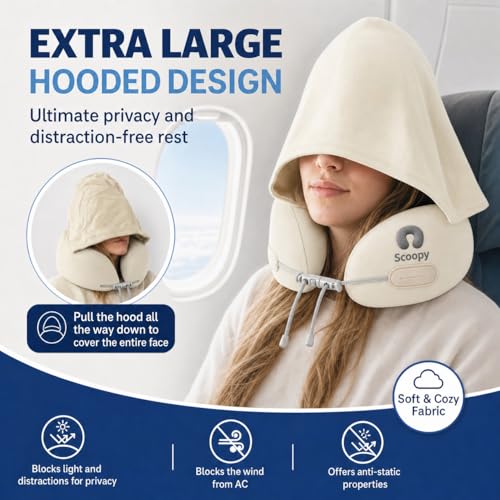 Travel Hooded Neck Pillow Memory Foam with Adjustable Hood & Washable Cover