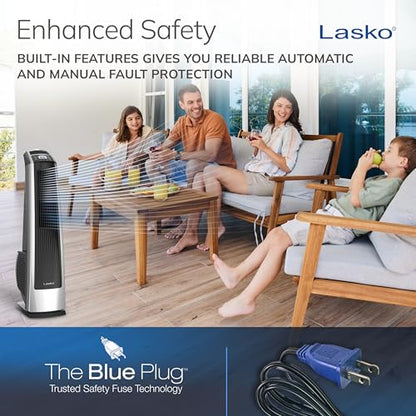 Lasko High Velocity Oscillating Tower Fan for Bedroom, Garage, Basement, and Gym with Remote Control, Timer, 3 Powerful Speeds, 35" Silver/Black, U35115