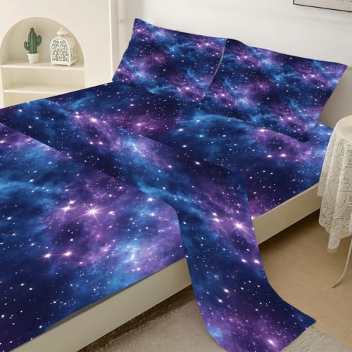 Galaxy Starry Sky Bed Sheet Set Queen - Purple Blue Nebula Bedding