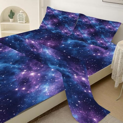 Galaxy Starry Sky Bed Sheet Set Queen - Purple Blue Nebula Bedding