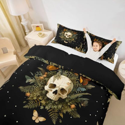 Gothic Skull Duvet Cover Set Queen Size Halloween Bedding - No Comforter, Black Green
