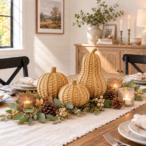 Rustic Fall Wicker Pumpkin Set - 3 Decor Pieces for Autumn & Thanksgiving