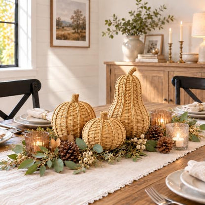 Rustic Fall Wicker Pumpkin Set - 3 Decor Pieces for Autumn & Thanksgiving