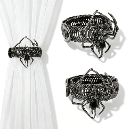 Halloween Spider Curtain Tiebacks - Black Gothic Decor with Spider & Diamond - Gun Black Variation