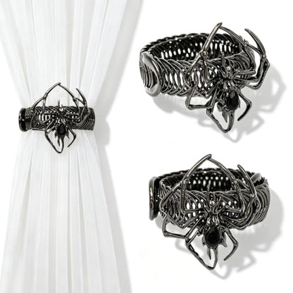 Halloween Spider Curtain Tiebacks - Black Gothic Decor with Spider & Diamond - Gun Black Variation