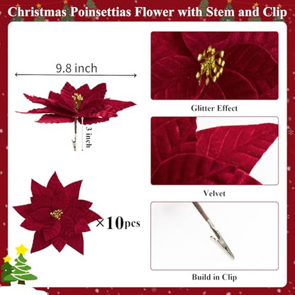 Artificial Velvet Poinsettia Flowers Clip On Christmas Decorations - Red, 9.8 Inch, 10 pcs