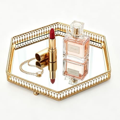 Gold Hexagonal Perfume Tray with Mirror, Acrylic & Metal Vanity Organizer - 10.6" x 6"