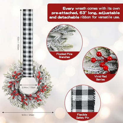 Mini Christmas Wreaths Set with Adjustable Ribbon - White & Black Plaid, 12 Pcs
