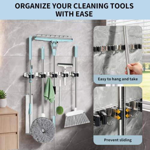 Wall Mount Mop and Broom Holder with 5 Racks & 4 Hooks - Silver