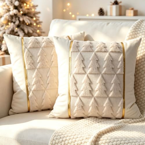 Christmas Tree Throw Pillow Covers 18x18 Inch Set of 2 Beige Faux Fur Holiday Decor