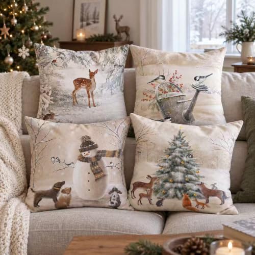 Animals Xmas Throw Pillow Covers Set of 4 - 18x18 Inch Pet Snowman Deer Bird Snow Scene