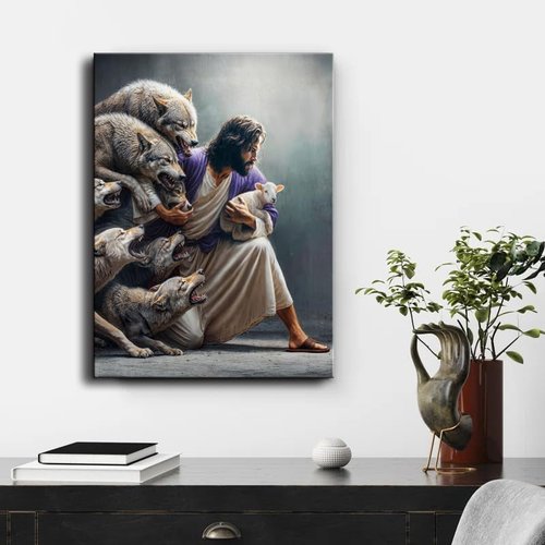 Christian Wall Art - Jesus the Good Shepherd Canvas Print | Guardian Shepherd Protecting Lambs - Ideal for Home Decor & Gifts
