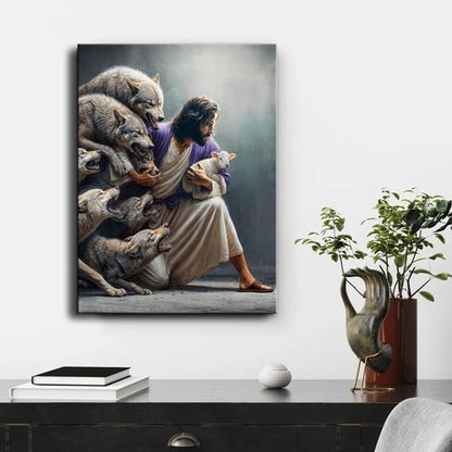 Christian Wall Art - Jesus the Good Shepherd Canvas Print | Guardian Shepherd Protecting Lambs - Ideal for Home Decor & Gifts