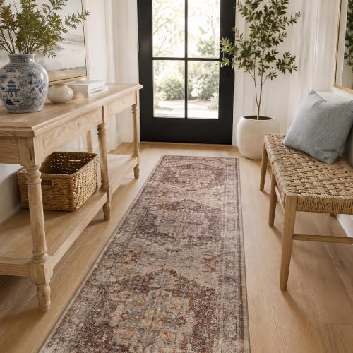 Rugshop Traditional Medallion Washable Non-Slip Runner Rug 2'x8' Brown