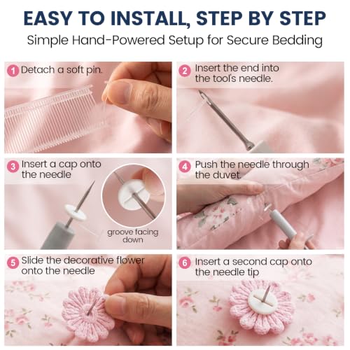 Duvet Clips & Pins Set with Storage Box - No-Slip Quilt Fasteners, Pink Flowers