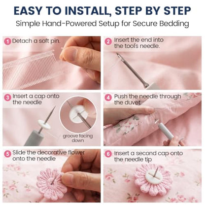 Duvet Clips & Pins Set with Storage Box - No-Slip Quilt Fasteners, Pink Flowers