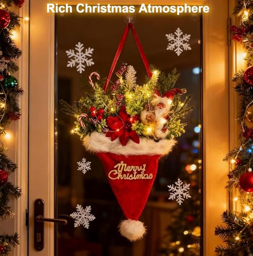 Christmas Wreath with Santa Hat Lights for Front Door & Holiday Decor