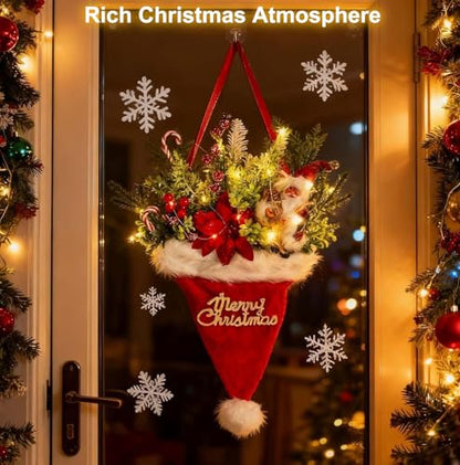 Christmas Wreath with Santa Hat Lights for Front Door & Holiday Decor