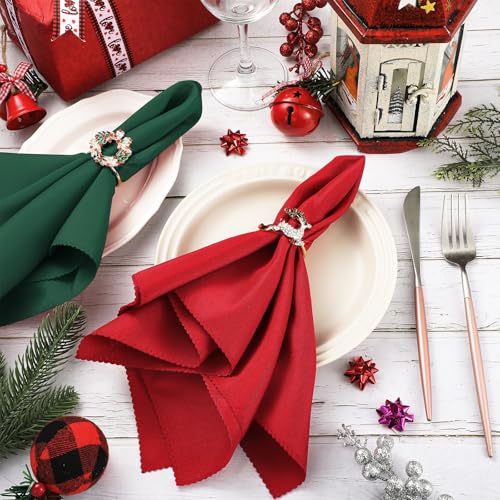 Christmas Cloth Napkins & Ring Set - Elk, Bell, Green - 16 Pieces
