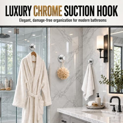 2 Pack Chrome Suction Cup Shower Hooks No Drill Bathroom Towel Robe Hooks