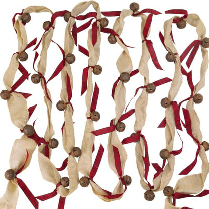 36 ft Rustic Christmas Bell Garland with Burlap & Metal Sleigh Bells - Farmhouse Decor