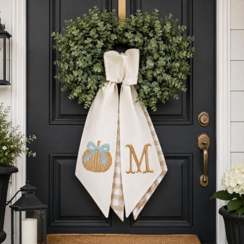 Personalized Fall Wreath Sash with Monogram and Embroidered Blue Pumpkin - Fall 09