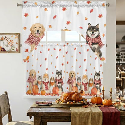 Autumn Fall Dogs Cats Kitchen Window Curtains Set 24 Inch Length - Orange Red White, 3 Piece Swag Valance and Tiers, Maple Leaves Thanksgiving Decor