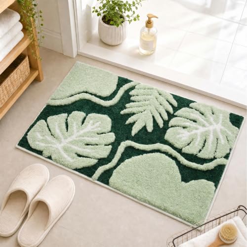 Green Bathroom Rug 16x24 Monstera Leaf Non-Slip Microfiber Bath Mat - Absorbent & Quick Dry