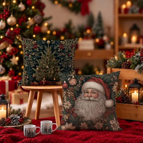Christmas Tree Santa Pillow Cover 18x18 Set of 2 - Holiday Decor, Cozy Winter Accent, Variation: Santa Tree-1
