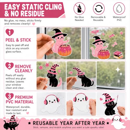 Pink Halloween Window Clings Set - 115 Reusable Spooky Decals for Glass