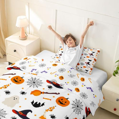 Halloween Pattern Duvet Cover Twin Size Pumpkin Ghost Print Comforter Cover for Kids - White Orange